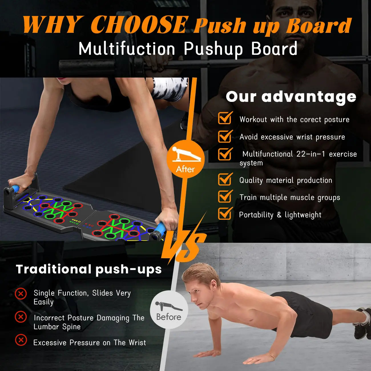 Solid Push up Board 22 in 1 Home Workout Equipment Multi-Functional Pushup Stands System Fitness Floor Chest Muscle Exercise Professional Equipment Burn Fat Strength Training Arm Men & Women Weights