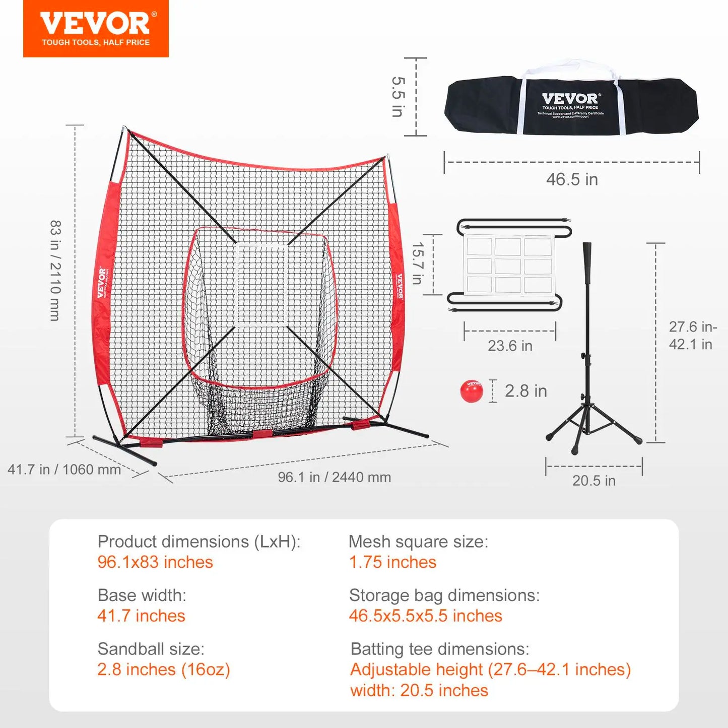 VEVOR Baseball Softball Practice Net, Summervibes, Various Specifications, Portable Baseball Training Net for Hitting Batting Catching Pitching, Backstop Baseball Equipment with Bow Frame, Carry Bag, Strike Zone, Ball, Batting Tee
