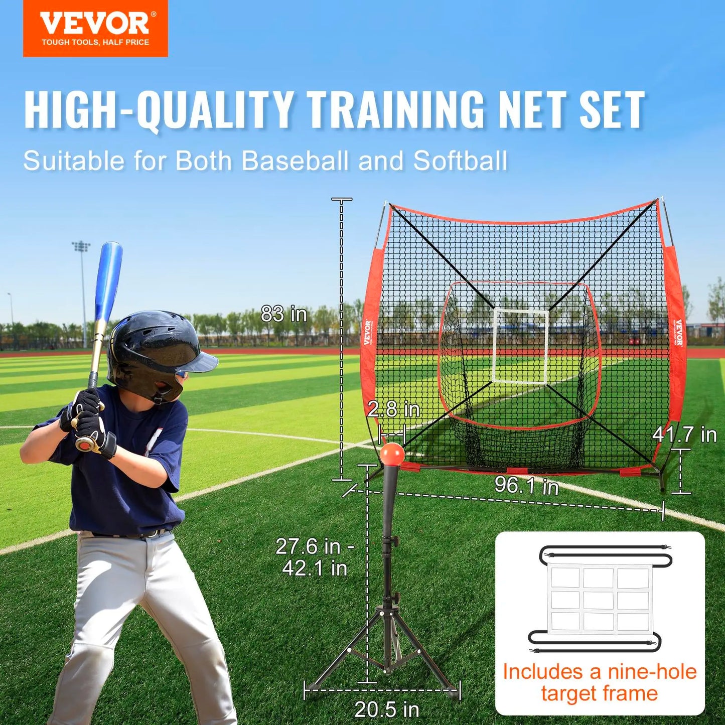 VEVOR Baseball Softball Practice Net, Summervibes, Various Specifications, Portable Baseball Training Net for Hitting Batting Catching Pitching, Backstop Baseball Equipment with Bow Frame, Carry Bag, Strike Zone, Ball, Batting Tee