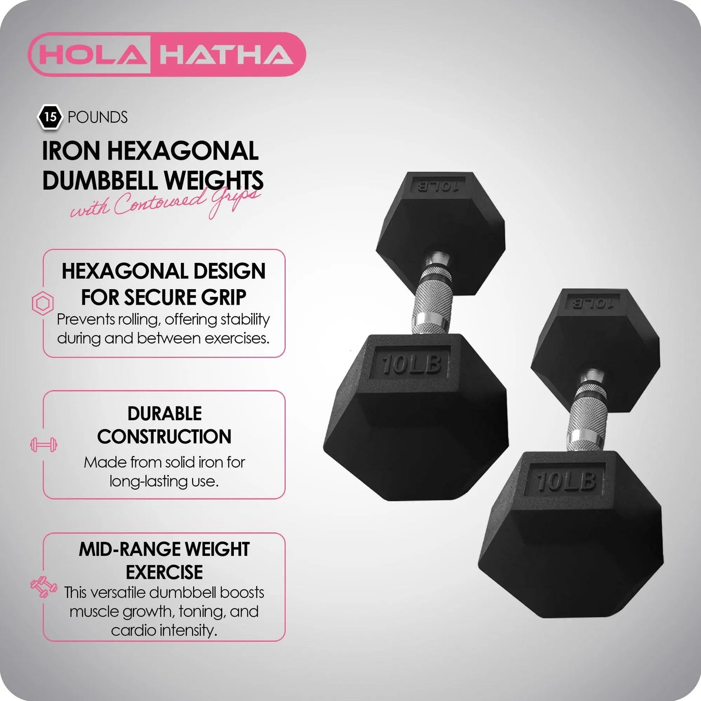 Holahatha Iron Hexagonal Cast Home Exercise Dumbbell Free Weight, 15 Pounds