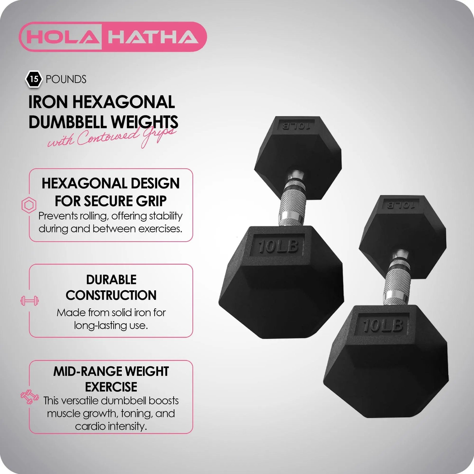 Holahatha Iron Hexagonal Cast Home Exercise Dumbbell Free Weight, 15 Pounds