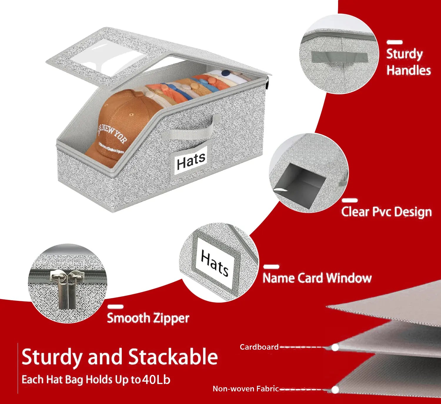 Mother'S Day Gift】 Hat Organizer，Stackable Baseball Cap Storage Box for Baseball Caps,Holds up to 24 Hats, Durable Cardboard Box for Men, Classic Style, Wardrobe Organizer