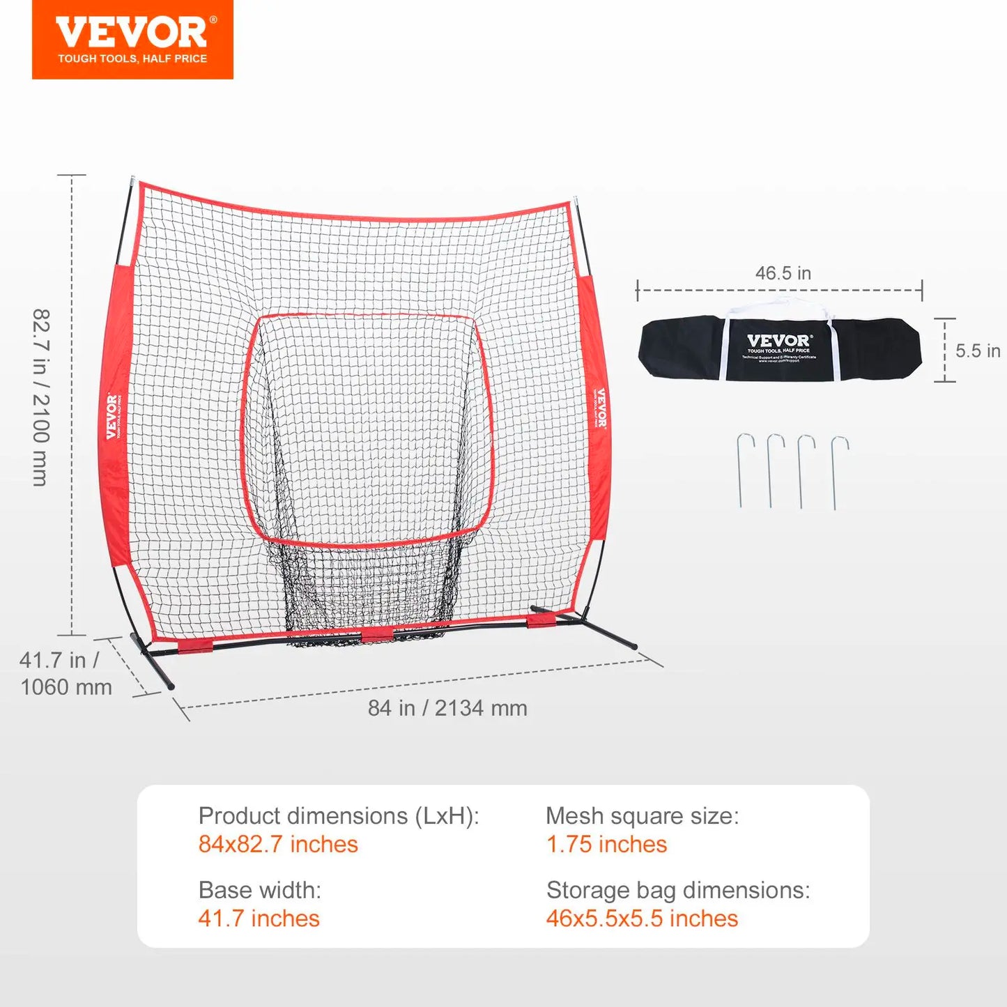 VEVOR 7X7 Ft Baseball Softball Practice Net, Portable Baseball Training Net for Hitting Batting Catching Pitching, Backstop Baseball Equipment Training Aids with Carry Bag and Strike Zone