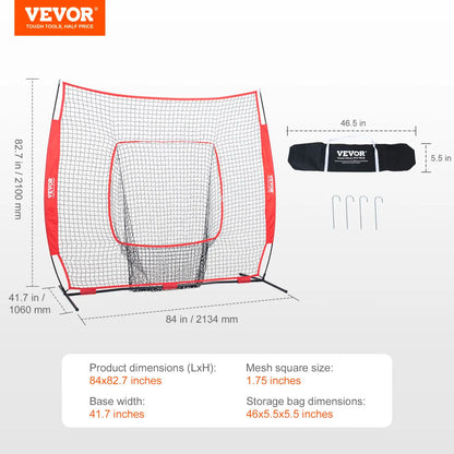 VEVOR 7X7 Ft Baseball Softball Practice Net, Portable Baseball Training Net for Hitting Batting Catching Pitching, Backstop Baseball Equipment Training Aids with Carry Bag and Strike Zone