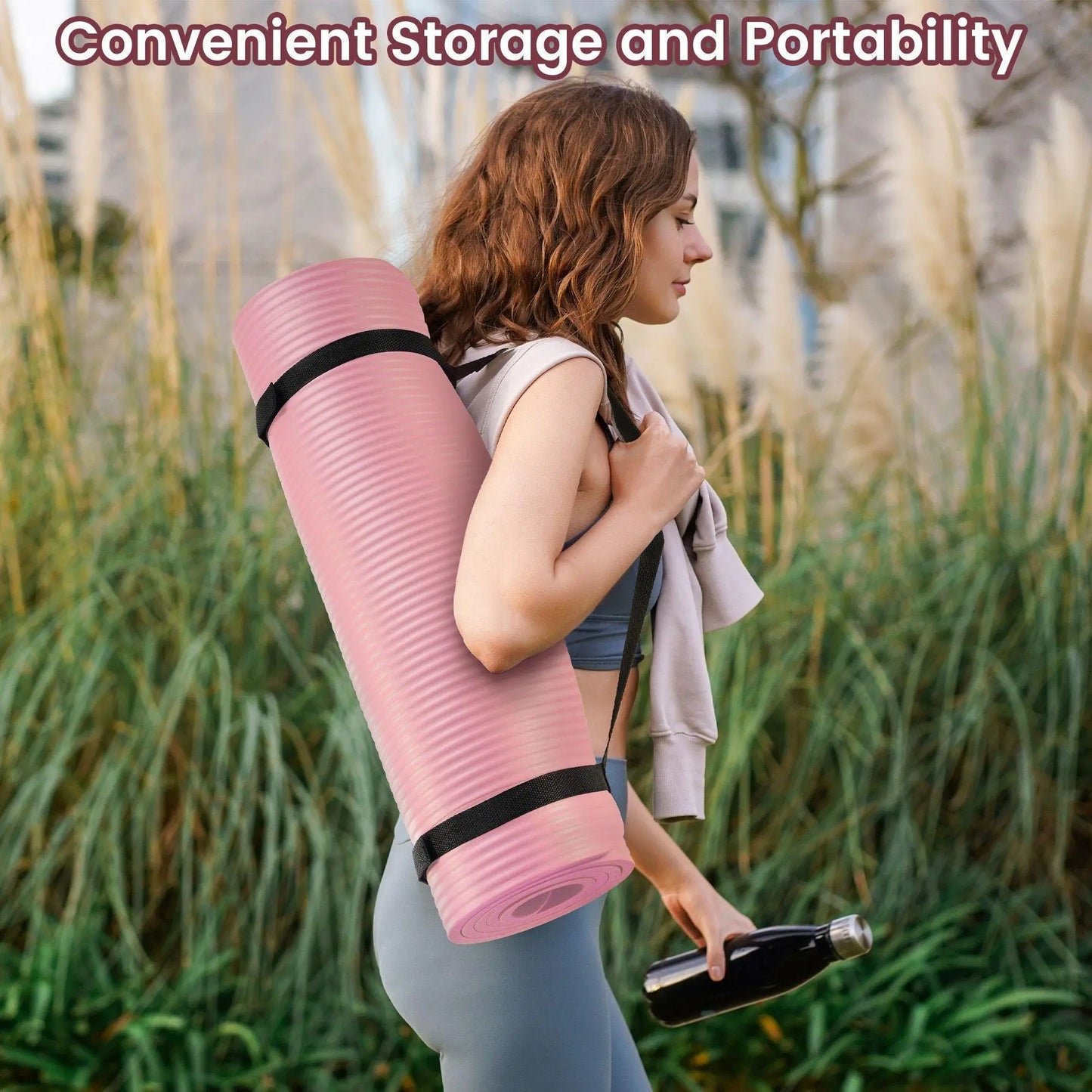 Fitvids 1/2" Thick High Density Exercise Yoga Mat, Carrying Strap, Pale Pink