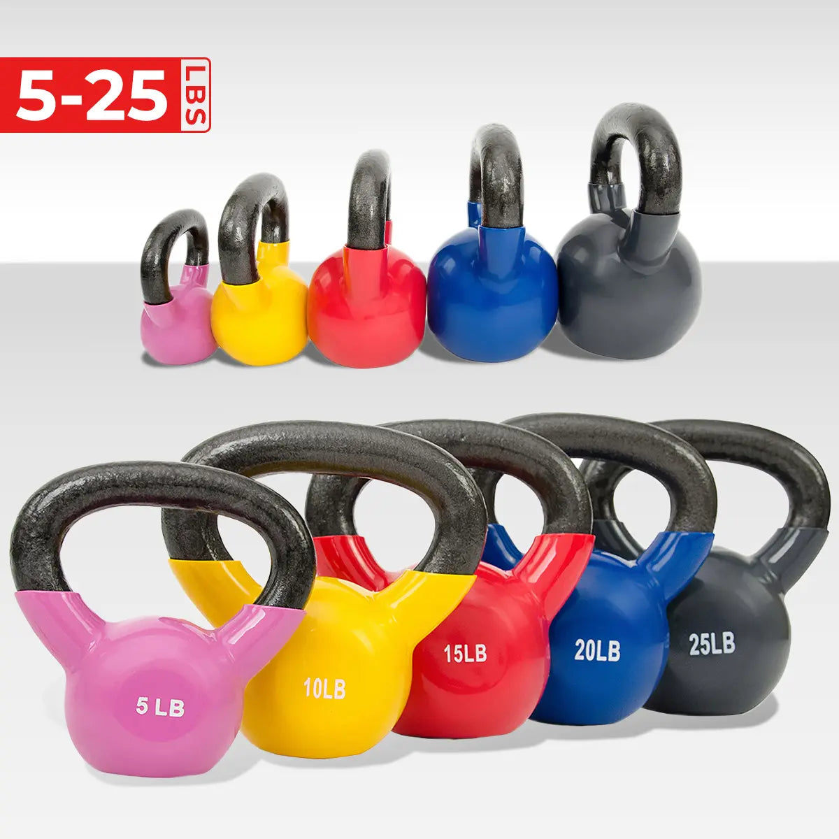 SUNNY Vinyl Coated Cast Iron Kettlebell 5 Lbs to 25 Lbs Smooth Wide Handle Flat Bottom Non Slip Grip Home Gym Fitness Workout Strength Training Weightlifting Full Body Exercise for Swings Squats Deadlifts Presses Lunges Core Training Conditioning