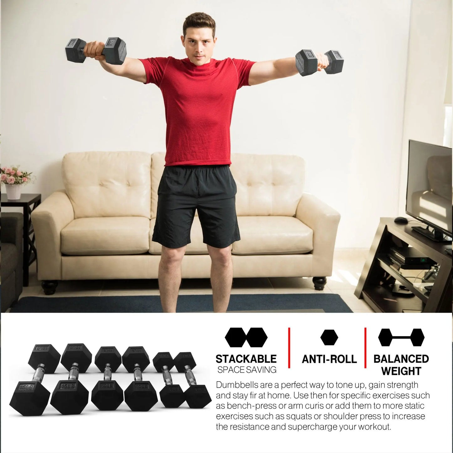 Holahatha Iron Hexagonal Cast Home Exercise Dumbbell Free Weight, 15 Pounds