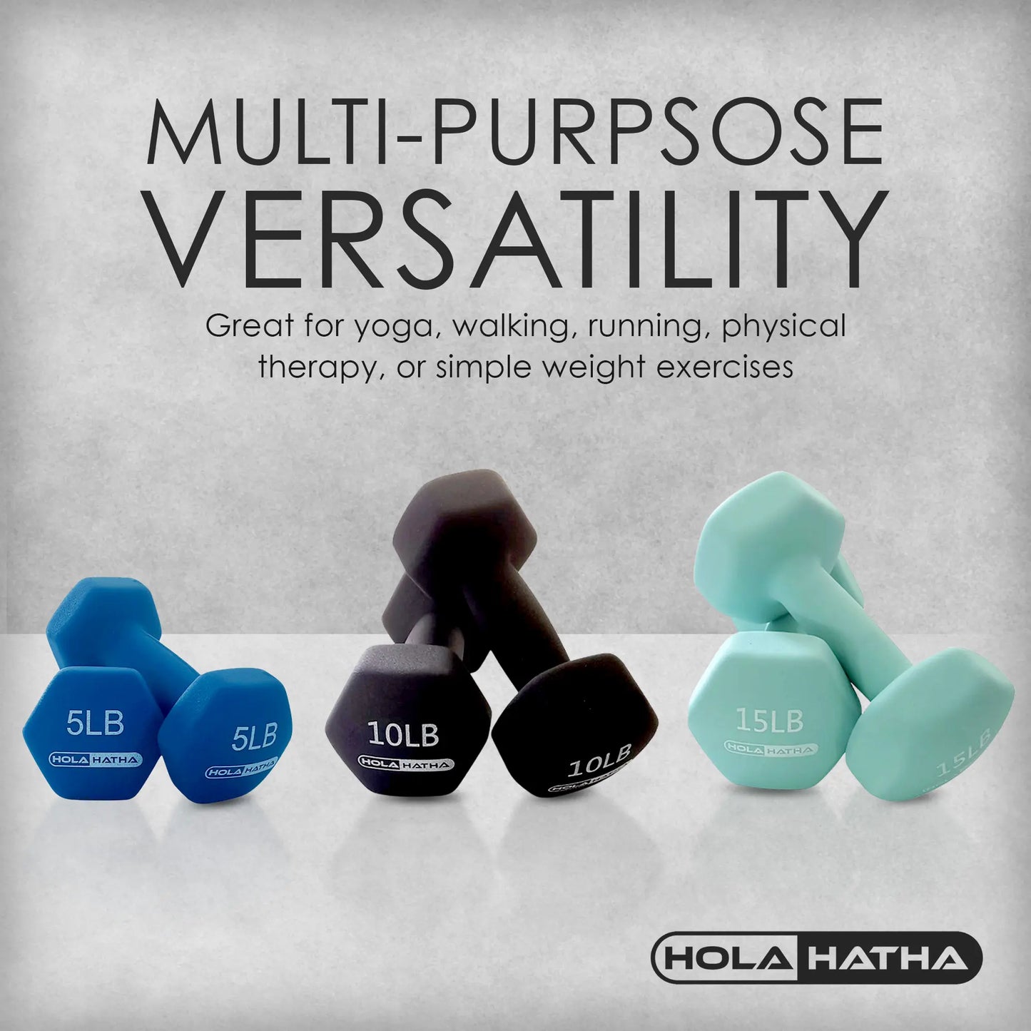 Holahatha 5, 10, and 15 Pound Neoprene Hex Dumbbell Set with Rack - Strength Training Dumbbell Set