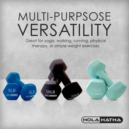 Holahatha 5, 10, and 15 Pound Neoprene Hex Dumbbell Set with Rack - Strength Training Dumbbell Set