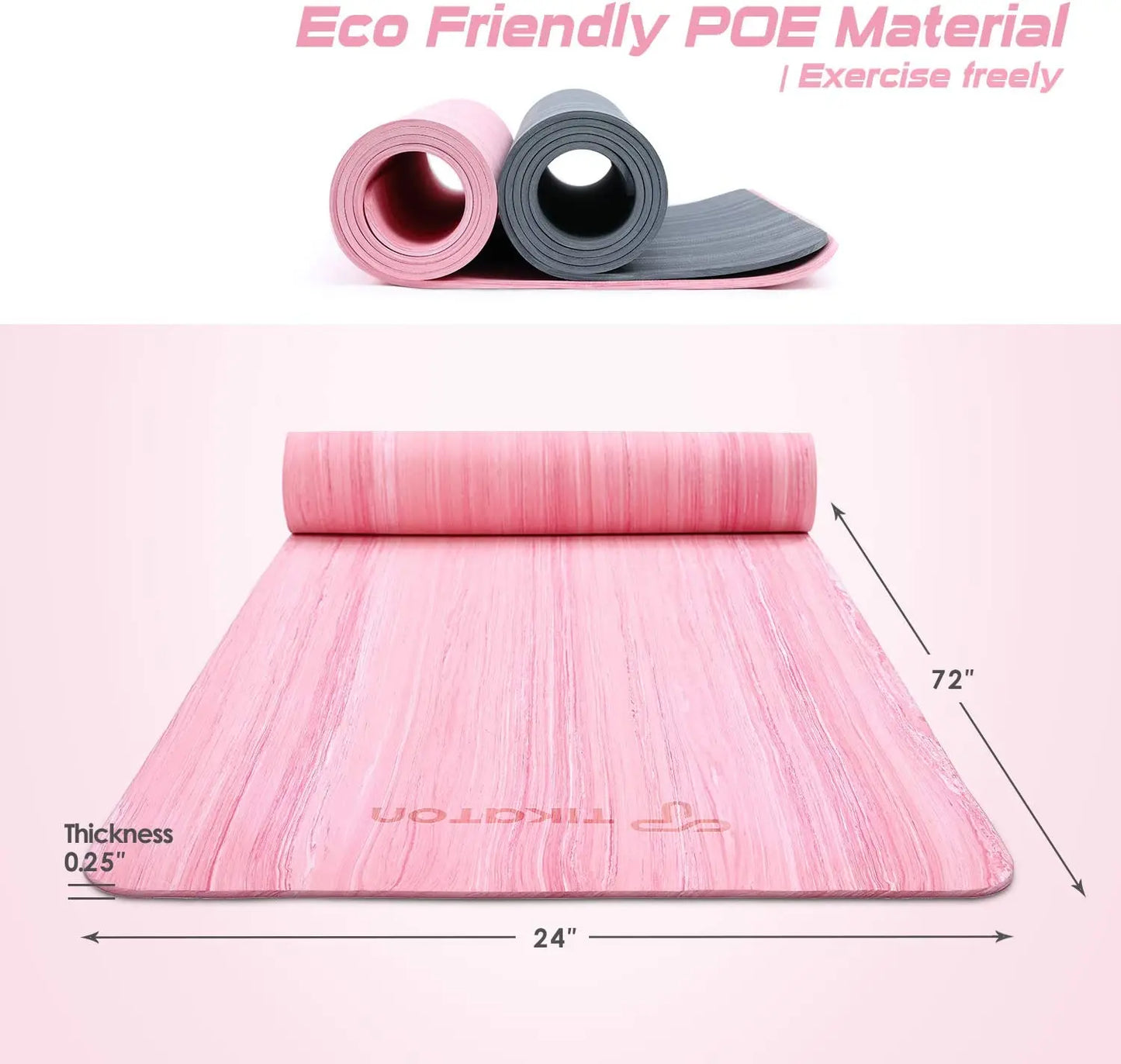 Tikaton 【Hot Yoga Mat Eco Friendly】High Density, Lasting Rebound POE Yoga Mat Exercise & Fitness Mat with Carrying Strap, 1/4 Inch, 72"L X 24"W Yoga