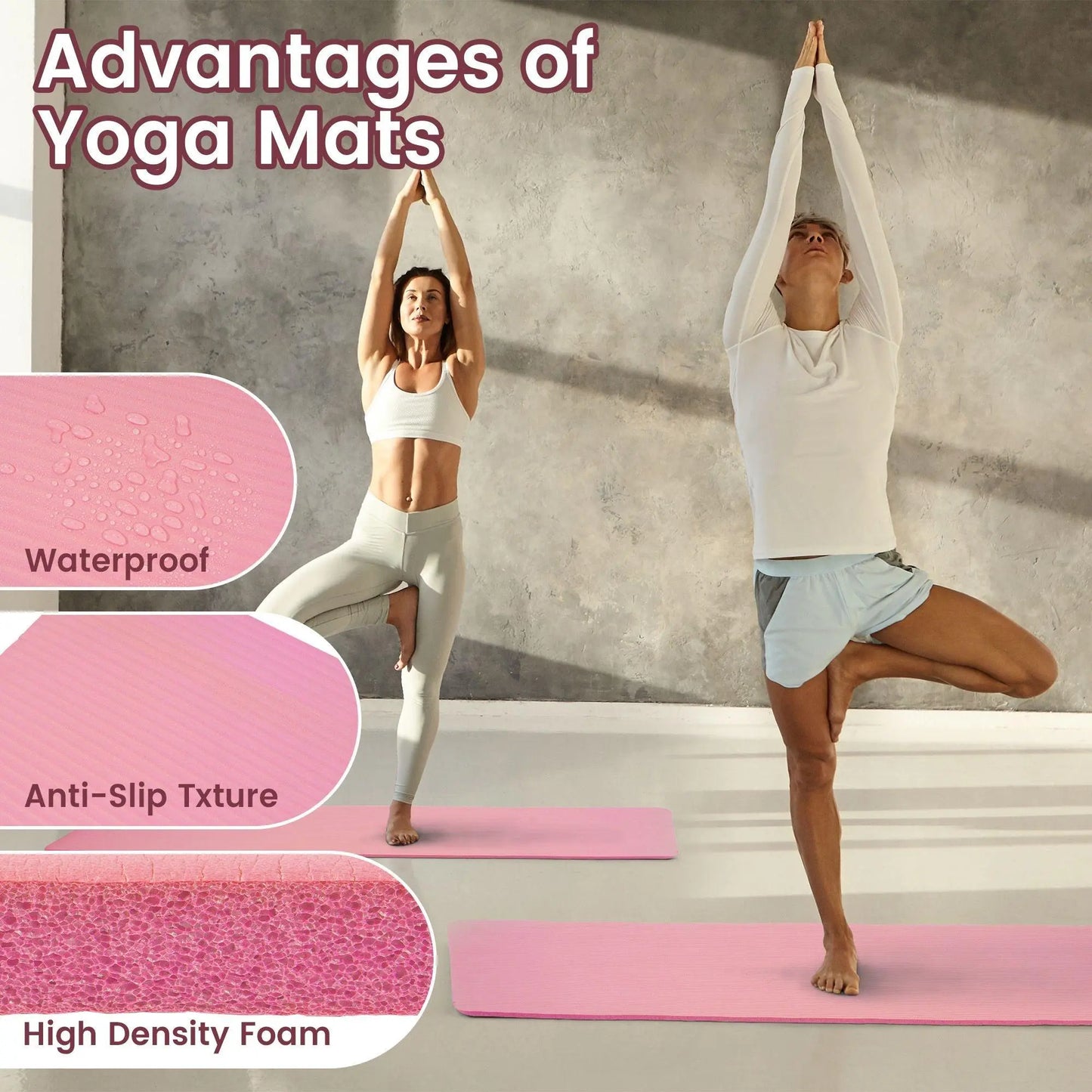 Fitvids 1/2" Thick High Density Exercise Yoga Mat, Carrying Strap, Pale Pink
