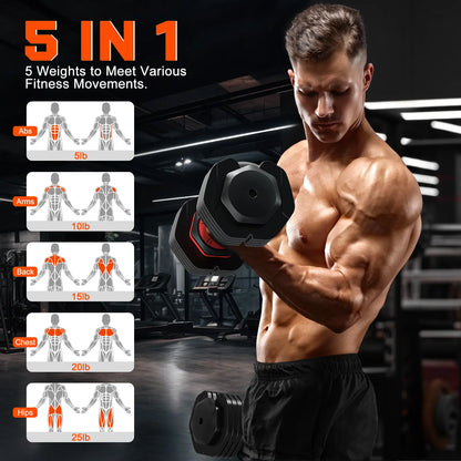 Bearbro Adjustable Dumbbells Set, 1-Sec Adjustable Weights Dumbbells Set, 5 in 1 Free Adjustable Dumbbell Set with Anti-Slip Texture Handle, Weight Set for Home Gym Suit Both Men and Women