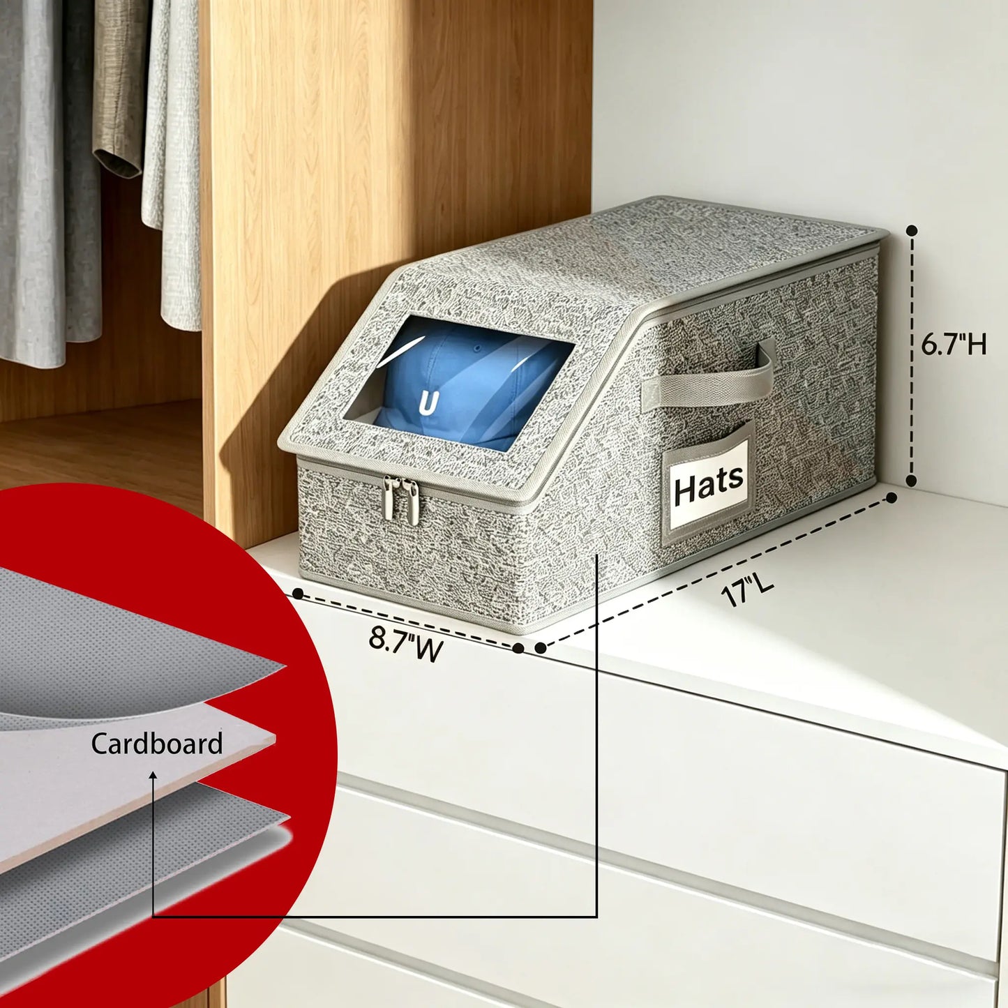Mother'S Day Gift】 Hat Organizer，Stackable Baseball Cap Storage Box for Baseball Caps,Holds up to 24 Hats, Durable Cardboard Box for Men, Classic Style, Wardrobe Organizer