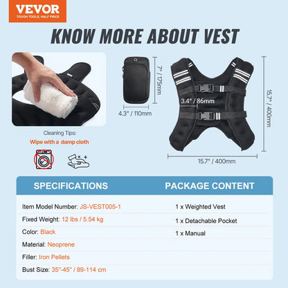 【Summervibes】Vevor Weighted Vest, 12 Lbs Weight Vest with Reflective Stripe, Adjustable Buckle Body Weight Vest for Men Women, Workout Equipment for Strength Training, Running, Jogging, Fitness, and Weight Loss