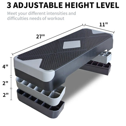 Adjustable Aerobic Stepper Workout Equipment – 27" Exercise Step Platform with 3 Height Levels (4"/6"/8") for Cardio, Strength Training, and Home Gym Equipment