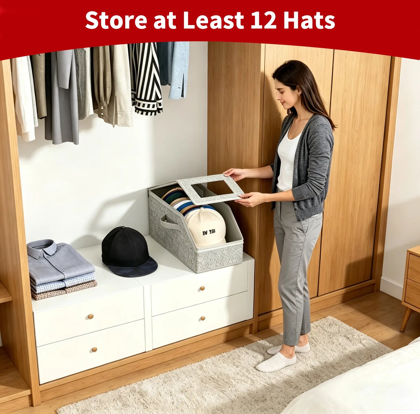 Mother'S Day Gift】 Hat Organizer，Stackable Baseball Cap Storage Box for Baseball Caps,Holds up to 24 Hats, Durable Cardboard Box for Men, Classic Style, Wardrobe Organizer