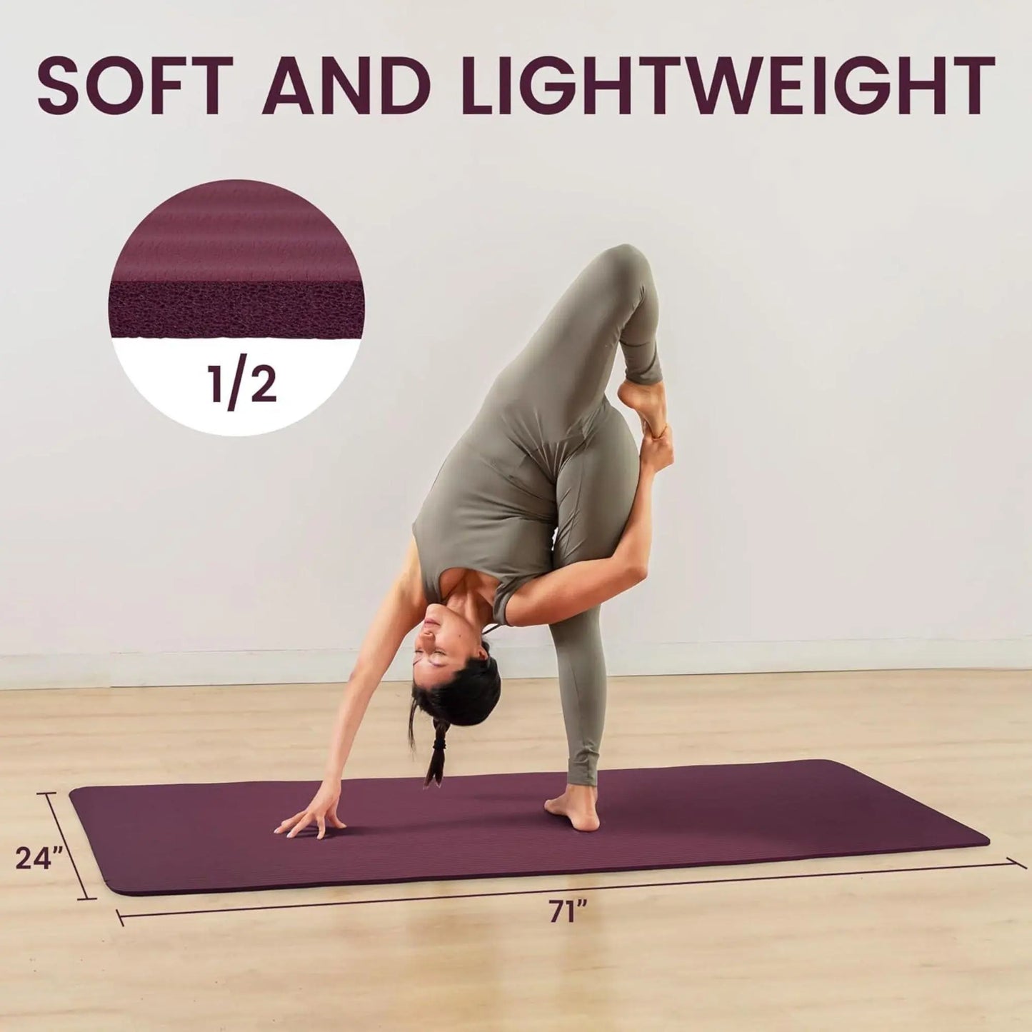 Fitvids 1/2" Thick High Density Exercise Yoga Mat, Carrying Strap, Deep Wine