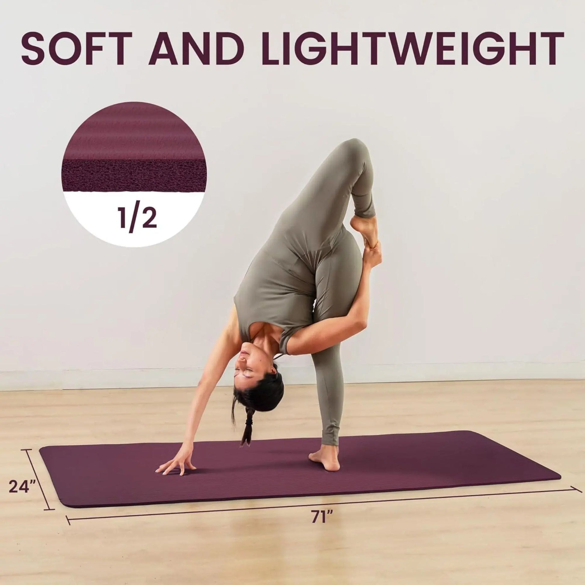 Fitvids 1/2" Thick High Density Exercise Yoga Mat, Carrying Strap, Deep Wine