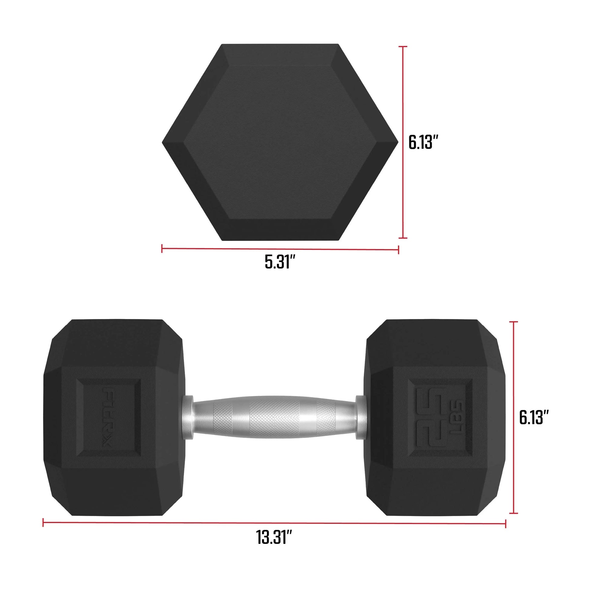 Fitrx 25Lbs Rubber Hex Dumbbell Set – Solid Steel Handles, Durable Rubber Coating, Anti-Roll Weights for Fitness, Pair